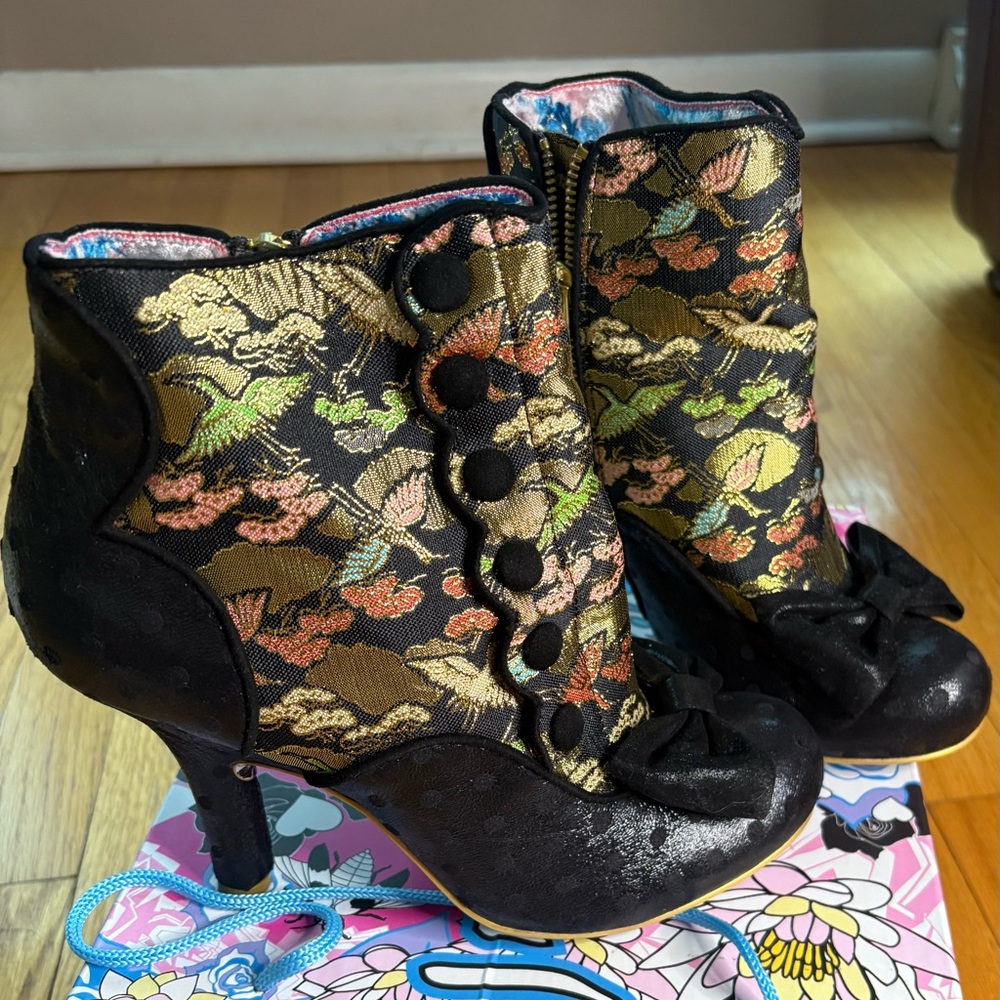 Irregular Choice Floral Brocade Ankle Boots Bow Heels Black Gold Statement Shoes